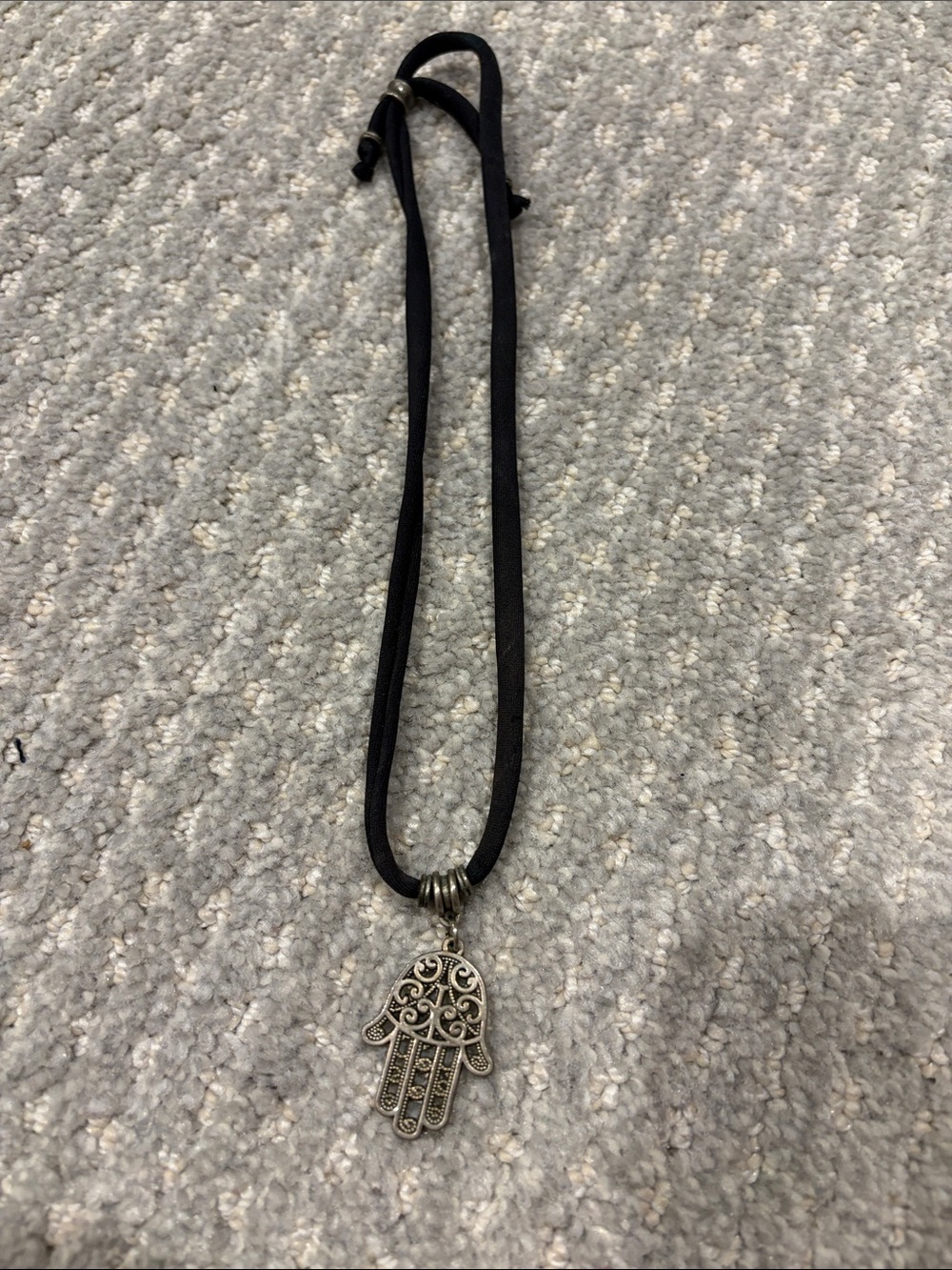 Silver Hamsa Hand Pendant Necklace on Black Cord